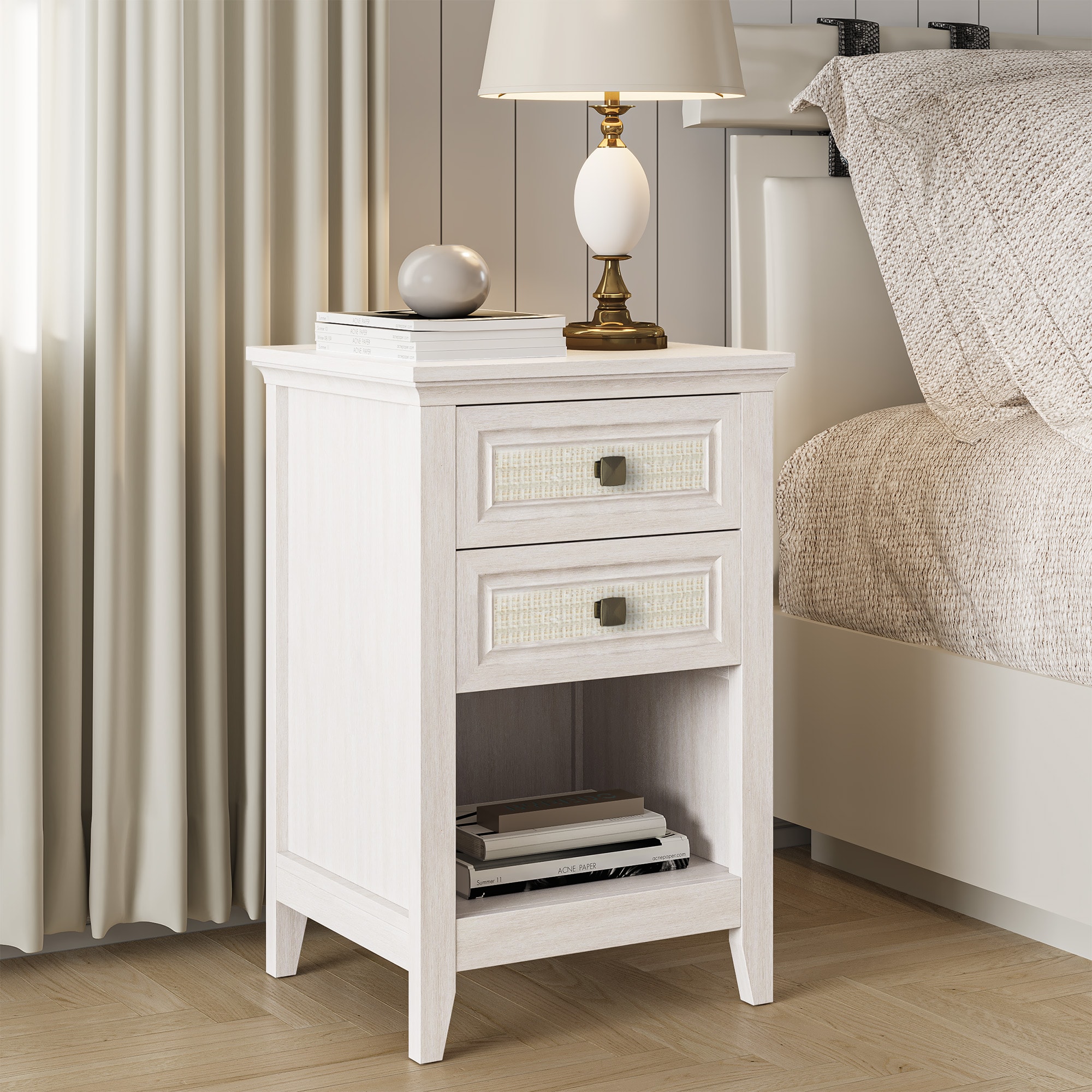 Grayish White Rattan Bedside Table With Storage Drawer For Bedroom_voghion.com
